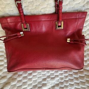 Calvin Klein Red Pebbled Leather Large Tote Shoulder Bag Silver Hardware